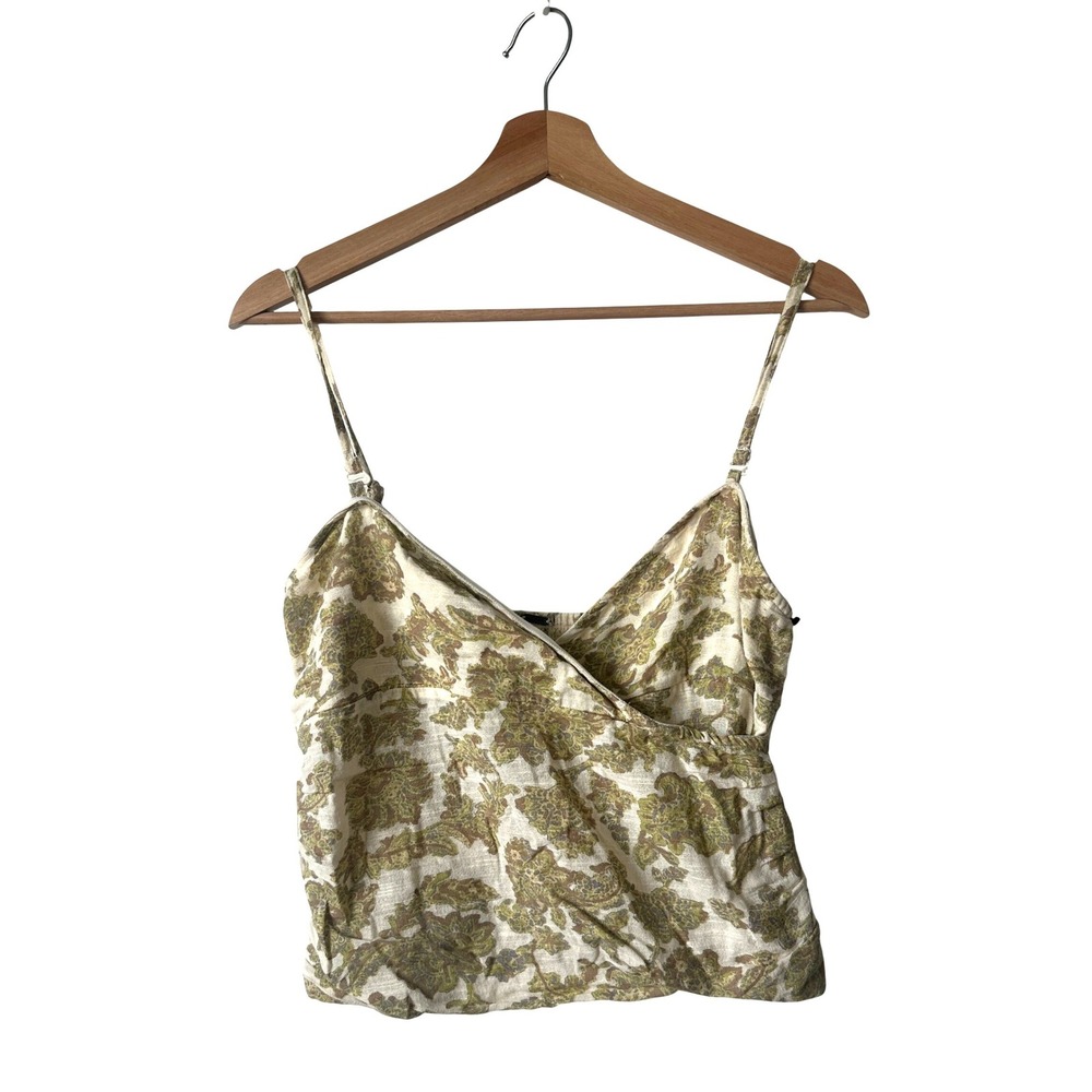 Free People Floral Cotton Wrap Crop Top Green Tan Smocked Back OB1015950